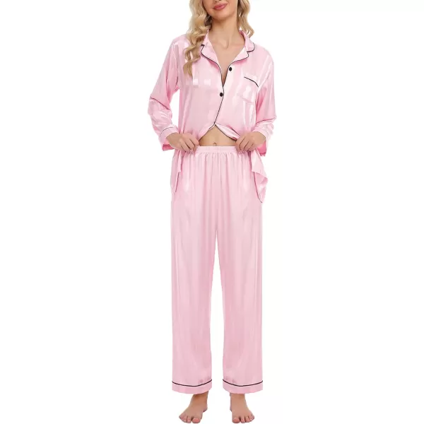 SWOMOG Womens Silk Satin Pajamas Loungewear Twopiece Sleepwear ButtonDown Pj SetPink Wide Stripes