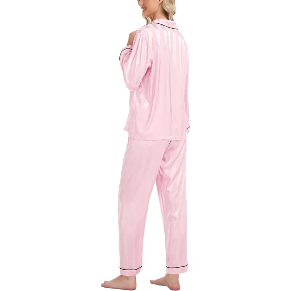 SWOMOG Womens Silk Satin Pajamas Loungewear Twopiece Sleepwear ButtonDown Pj SetPink Wide Stripes