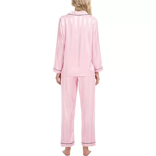 SWOMOG Womens Silk Satin Pajamas Loungewear Twopiece Sleepwear ButtonDown Pj SetPink Wide Stripes