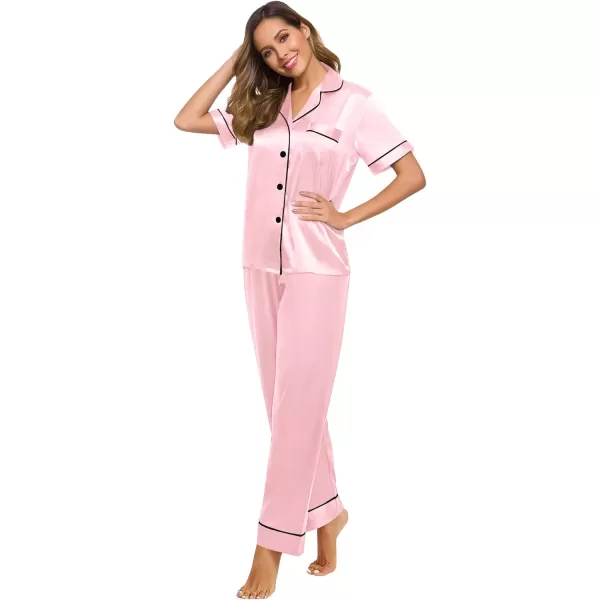 SWOMOG Womens Silk Satin Pajamas Loungewear Twopiece Sleepwear ButtonDown Pj SetPink16