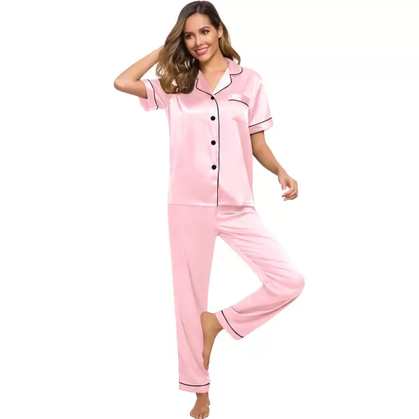 SWOMOG Womens Silk Satin Pajamas Loungewear Twopiece Sleepwear ButtonDown Pj SetPink16