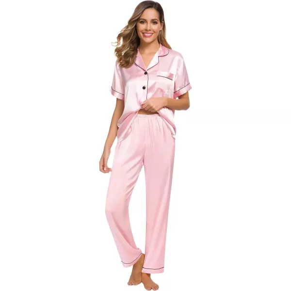 SWOMOG Womens Silk Satin Pajamas Loungewear Twopiece Sleepwear ButtonDown Pj SetPink16