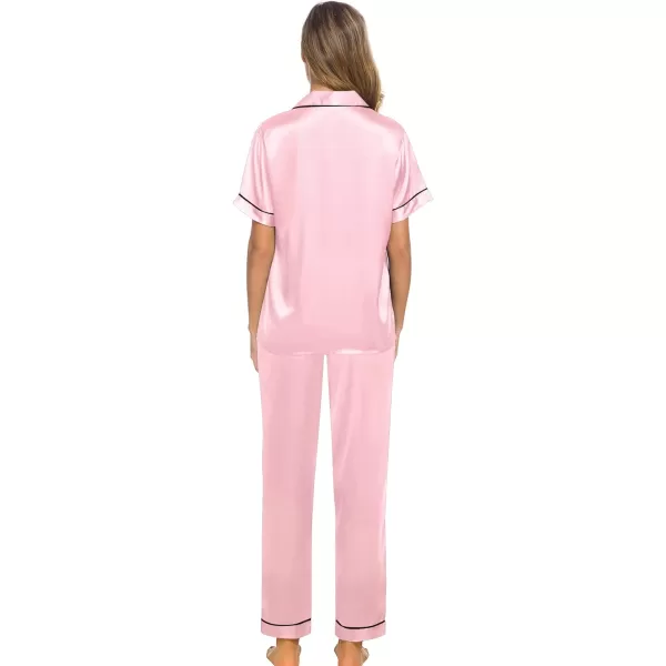 SWOMOG Womens Silk Satin Pajamas Loungewear Twopiece Sleepwear ButtonDown Pj SetPink16