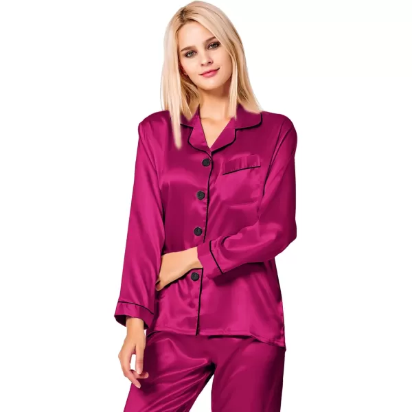 SWOMOG Womens Silk Satin Pajamas Loungewear Twopiece Sleepwear ButtonDown Pj SetPitaya