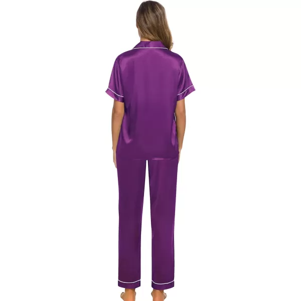 SWOMOG Womens Silk Satin Pajamas Loungewear Twopiece Sleepwear ButtonDown Pj SetPurple 16