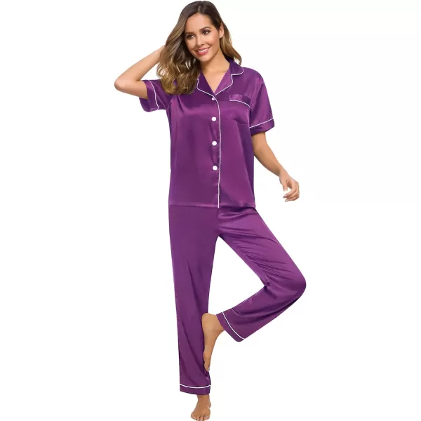 SWOMOG Womens Silk Satin Pajamas Loungewear Twopiece Sleepwear ButtonDown Pj SetPurple 16