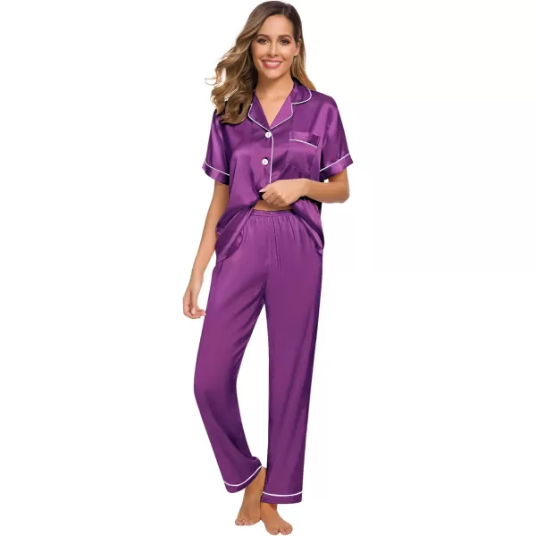 SWOMOG Womens Silk Satin Pajamas Loungewear Twopiece Sleepwear ButtonDown Pj SetPurple 16