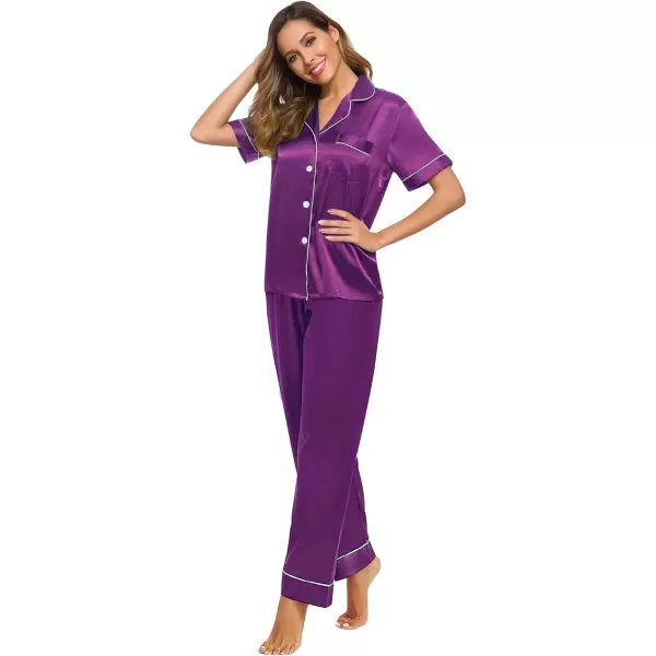 SWOMOG Womens Silk Satin Pajamas Loungewear Twopiece Sleepwear ButtonDown Pj SetPurple 16