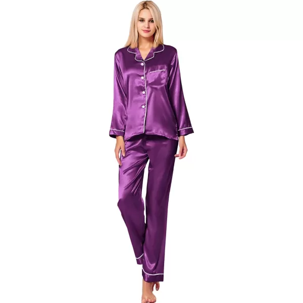 SWOMOG Womens Silk Satin Pajamas Loungewear Twopiece Sleepwear ButtonDown Pj SetPurple