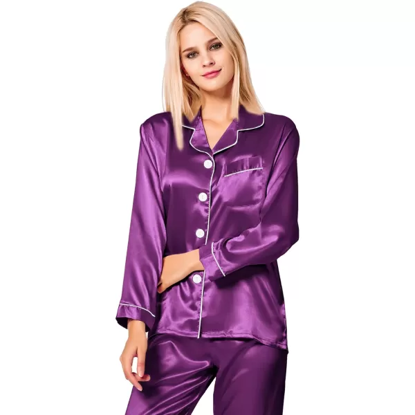 SWOMOG Womens Silk Satin Pajamas Loungewear Twopiece Sleepwear ButtonDown Pj SetPurple