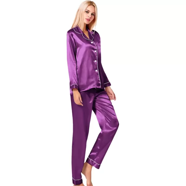 SWOMOG Womens Silk Satin Pajamas Loungewear Twopiece Sleepwear ButtonDown Pj SetPurple