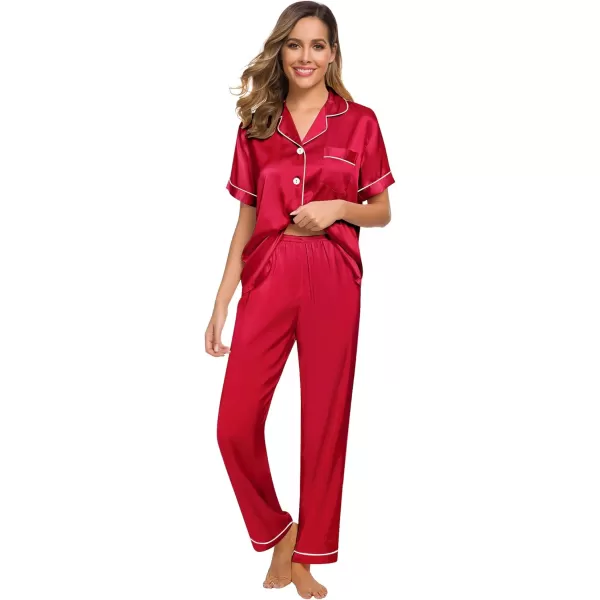 SWOMOG Womens Silk Satin Pajamas Loungewear Twopiece Sleepwear ButtonDown Pj SetRed 16