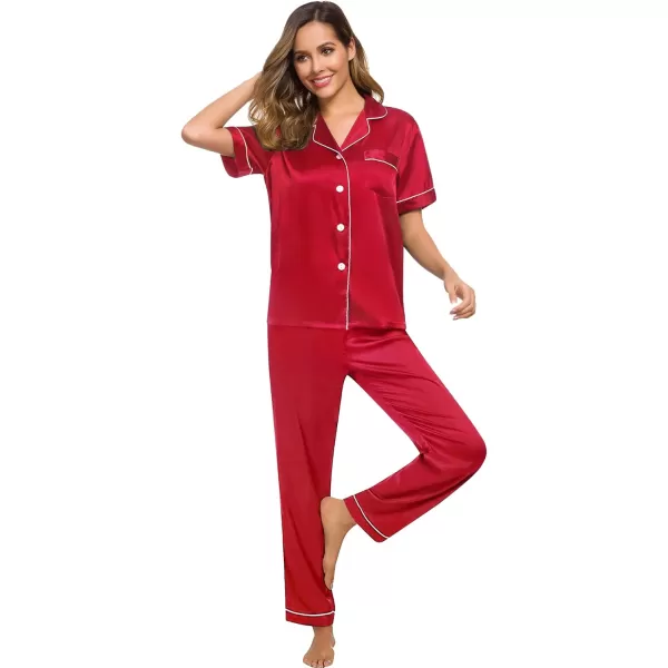 SWOMOG Womens Silk Satin Pajamas Loungewear Twopiece Sleepwear ButtonDown Pj SetRed 16