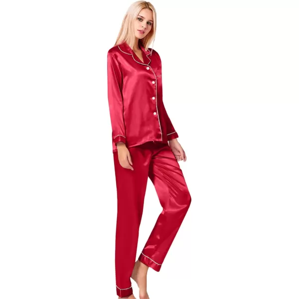 SWOMOG Womens Silk Satin Pajamas Loungewear Twopiece Sleepwear ButtonDown Pj SetRed