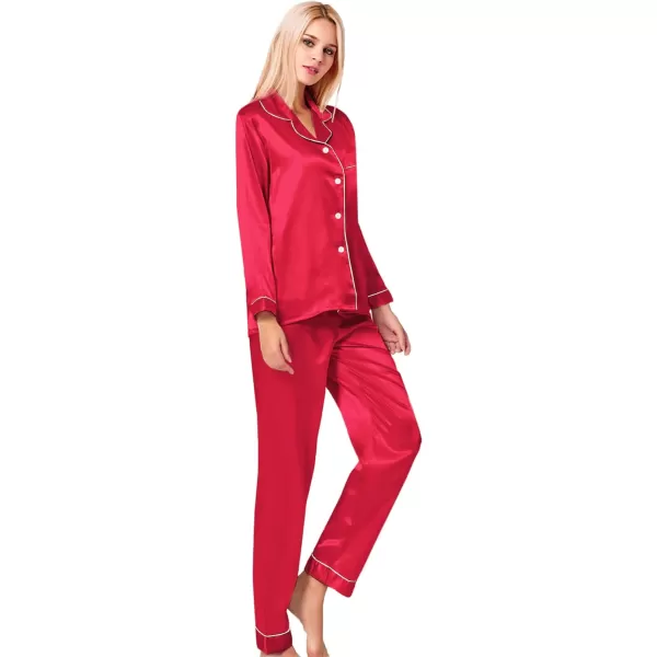 SWOMOG Womens Silk Satin Pajamas Loungewear Twopiece Sleepwear ButtonDown Pj SetRed Apple