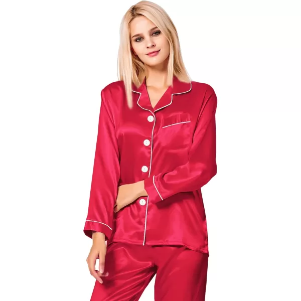 SWOMOG Womens Silk Satin Pajamas Loungewear Twopiece Sleepwear ButtonDown Pj SetRed Apple