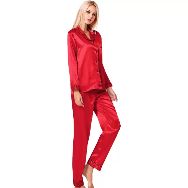 SWOMOG Womens Silk Satin Pajamas Loungewear Twopiece Sleepwear ButtonDown Pj SetRed Candy