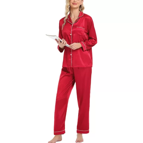 SWOMOG Womens Silk Satin Pajamas Loungewear Twopiece Sleepwear ButtonDown Pj SetRed Pinstripes