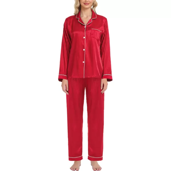 SWOMOG Womens Silk Satin Pajamas Loungewear Twopiece Sleepwear ButtonDown Pj SetRed Pinstripes