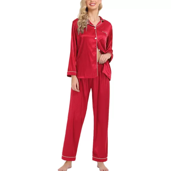 SWOMOG Womens Silk Satin Pajamas Loungewear Twopiece Sleepwear ButtonDown Pj SetRed Pinstripes