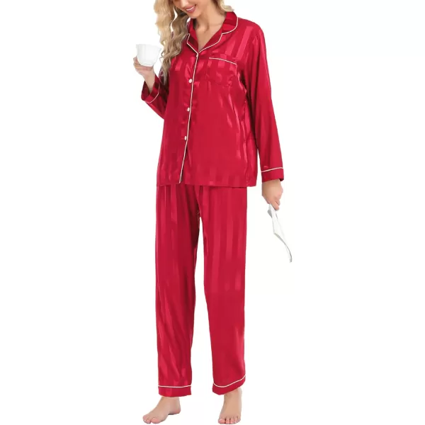 SWOMOG Womens Silk Satin Pajamas Loungewear Twopiece Sleepwear ButtonDown Pj SetRed Wide Stripes