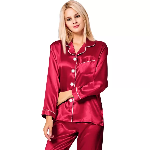 SWOMOG Womens Silk Satin Pajamas Loungewear Twopiece Sleepwear ButtonDown Pj SetReda