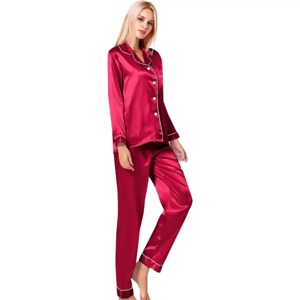 SWOMOG Womens Silk Satin Pajamas Loungewear Twopiece Sleepwear ButtonDown Pj SetReda