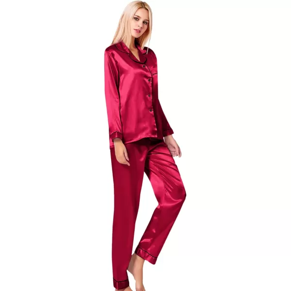 SWOMOG Womens Silk Satin Pajamas Loungewear Twopiece Sleepwear ButtonDown Pj SetRedc