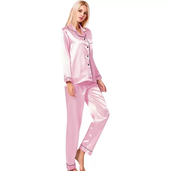 SWOMOG Womens Silk Satin Pajamas Loungewear Twopiece Sleepwear ButtonDown Pj SetRose Pink