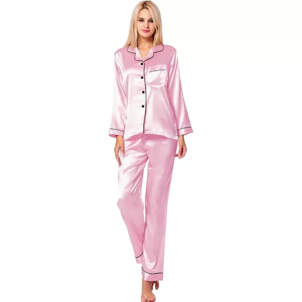 SWOMOG Womens Silk Satin Pajamas Loungewear Twopiece Sleepwear ButtonDown Pj SetRose Pink