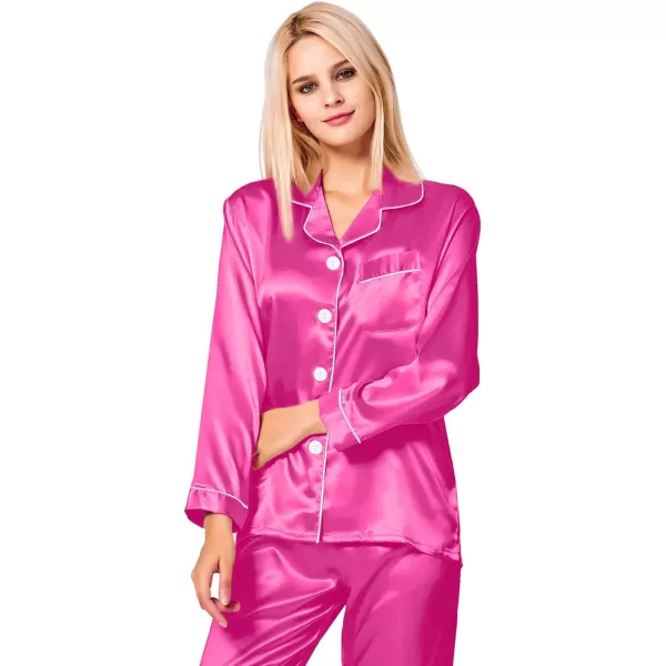 SWOMOG Womens Silk Satin Pajamas Loungewear Twopiece Sleepwear ButtonDown Pj SetRose Red