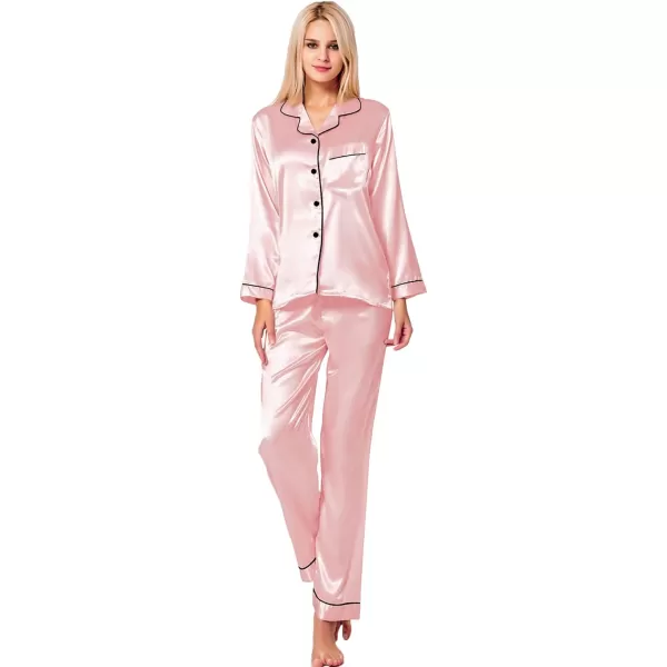 SWOMOG Womens Silk Satin Pajamas Loungewear Twopiece Sleepwear ButtonDown Pj SetSakura Pink