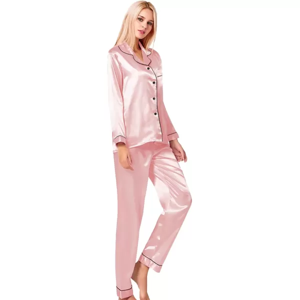 SWOMOG Womens Silk Satin Pajamas Loungewear Twopiece Sleepwear ButtonDown Pj SetSakura Pink