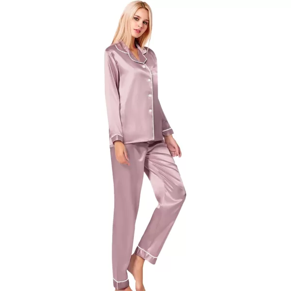 SWOMOG Womens Silk Satin Pajamas Loungewear Twopiece Sleepwear ButtonDown Pj SetShimmering Blush