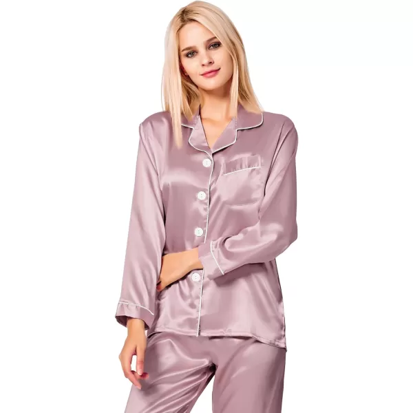 SWOMOG Womens Silk Satin Pajamas Loungewear Twopiece Sleepwear ButtonDown Pj SetShimmering Blush