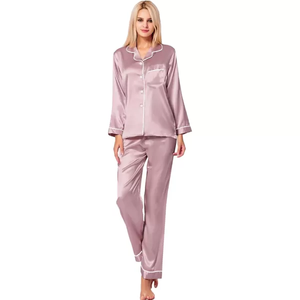 SWOMOG Womens Silk Satin Pajamas Loungewear Twopiece Sleepwear ButtonDown Pj SetShimmering Blush