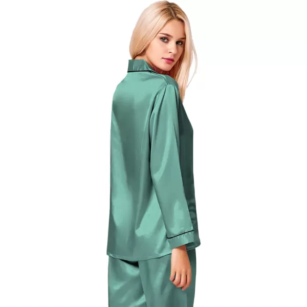 SWOMOG Womens Silk Satin Pajamas Loungewear Twopiece Sleepwear ButtonDown Pj SetSmog Green