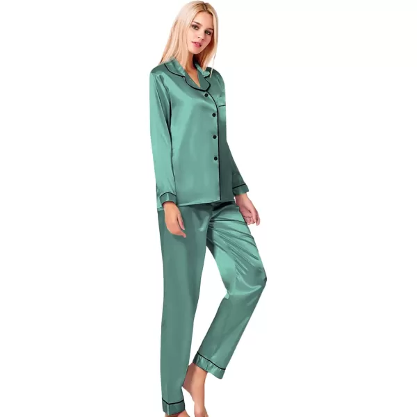 SWOMOG Womens Silk Satin Pajamas Loungewear Twopiece Sleepwear ButtonDown Pj SetSmog Green