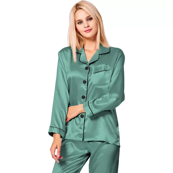 SWOMOG Womens Silk Satin Pajamas Loungewear Twopiece Sleepwear ButtonDown Pj SetSmog Green