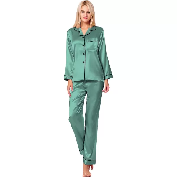 SWOMOG Womens Silk Satin Pajamas Loungewear Twopiece Sleepwear ButtonDown Pj SetSmog Green