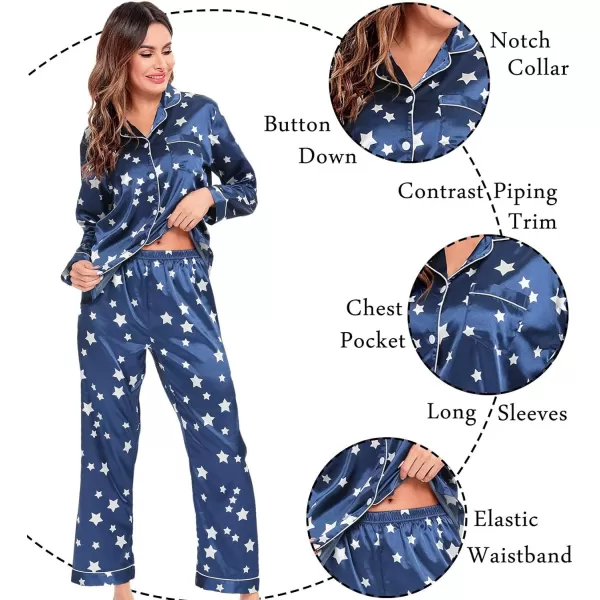 SWOMOG Womens Silk Satin Pajamas Loungewear Twopiece Sleepwear ButtonDown Pj SetStar Navy Blue