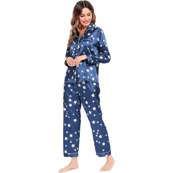 SWOMOG Womens Silk Satin Pajamas Loungewear Twopiece Sleepwear ButtonDown Pj SetStar Navy Blue