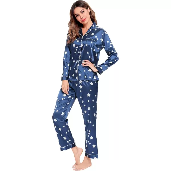 SWOMOG Womens Silk Satin Pajamas Loungewear Twopiece Sleepwear ButtonDown Pj SetStar Navy Blue