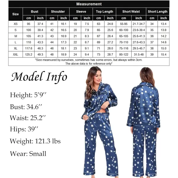 SWOMOG Womens Silk Satin Pajamas Loungewear Twopiece Sleepwear ButtonDown Pj SetStar Navy Blue