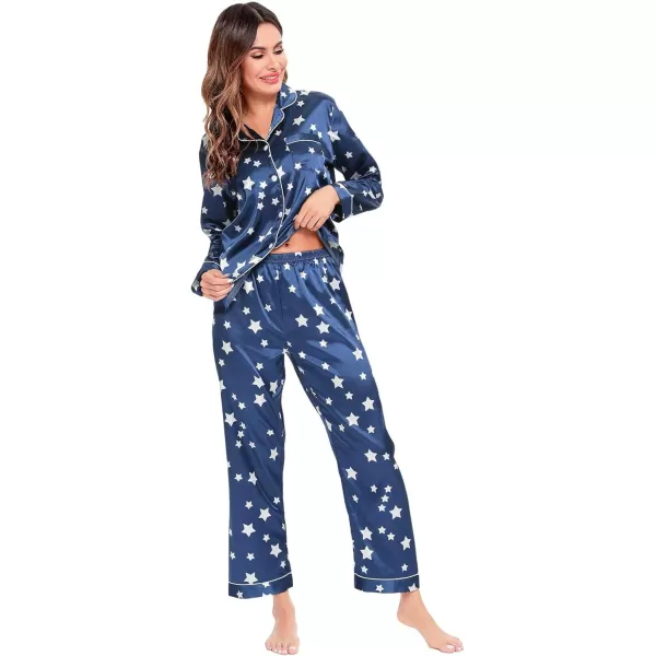 SWOMOG Womens Silk Satin Pajamas Loungewear Twopiece Sleepwear ButtonDown Pj SetStar Navy Blue