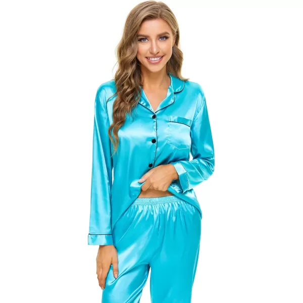 SWOMOG Womens Silk Satin Pajamas Loungewear Twopiece Sleepwear ButtonDown Pj SetTf Blue