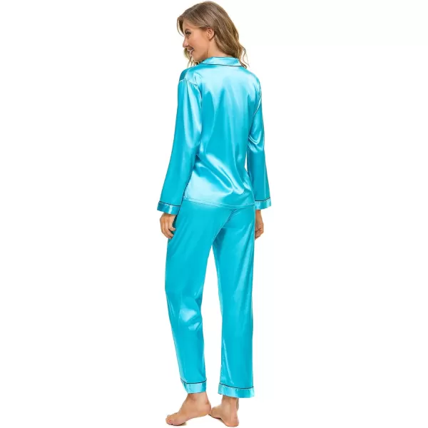 SWOMOG Womens Silk Satin Pajamas Loungewear Twopiece Sleepwear ButtonDown Pj SetTf Blue