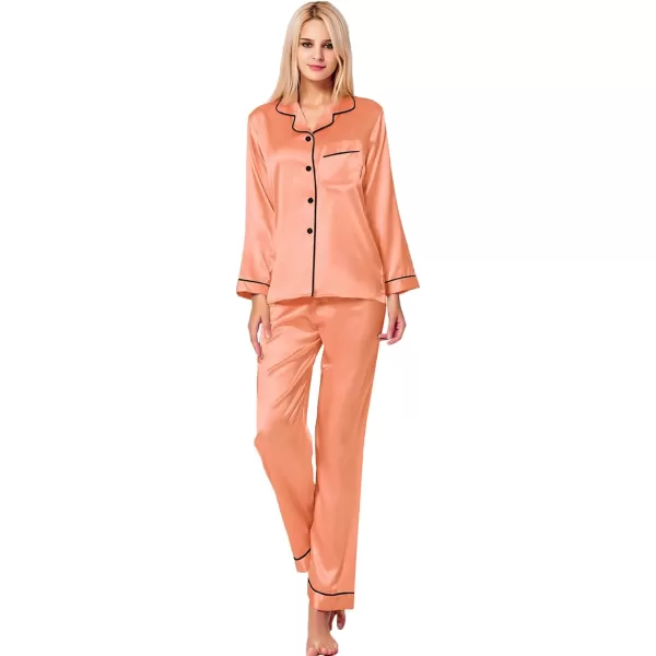 SWOMOG Womens Silk Satin Pajamas Loungewear Twopiece Sleepwear ButtonDown Pj SetVivid Tangerine