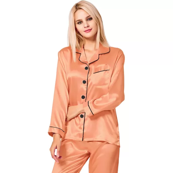 SWOMOG Womens Silk Satin Pajamas Loungewear Twopiece Sleepwear ButtonDown Pj SetVivid Tangerine