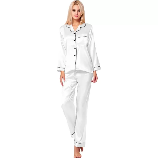 SWOMOG Womens Silk Satin Pajamas Loungewear Twopiece Sleepwear ButtonDown Pj SetWhite